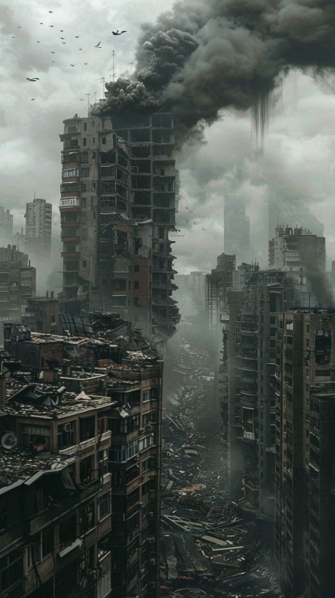 Sculpture of damaged urban landscape